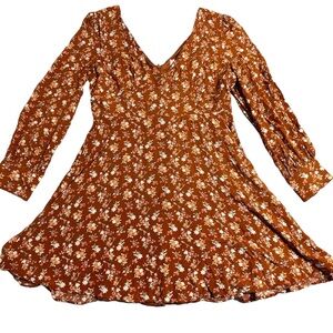 Altar’d State Orange Ditsy Floral Long Sleeve Cottagecore Mini Dress, Large